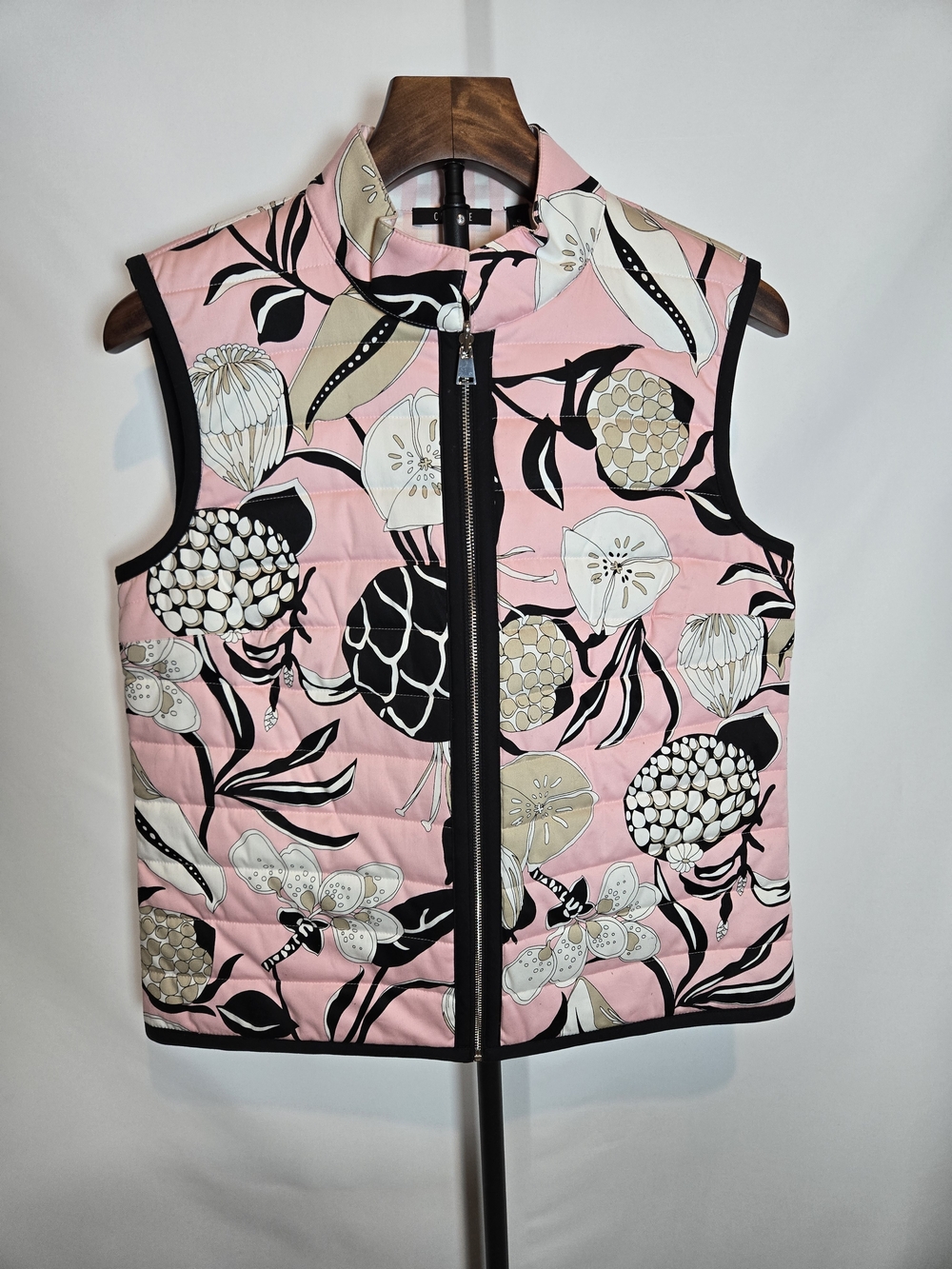 Carlisle Pink Black Khaki Floral Gingham Quilted Zip Up Reversible Vest
